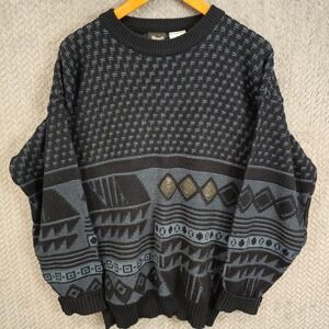 Impact Vintage Mens Large Geometric Tribal Knit Sweater Black Blue Faux Leather